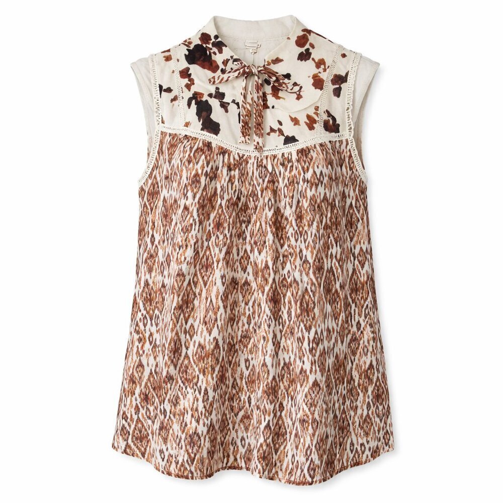 Sterling & Stitch Boho Ikat Tie-Neck Sleeveless Blouse Top Brown & Cream | Sz M